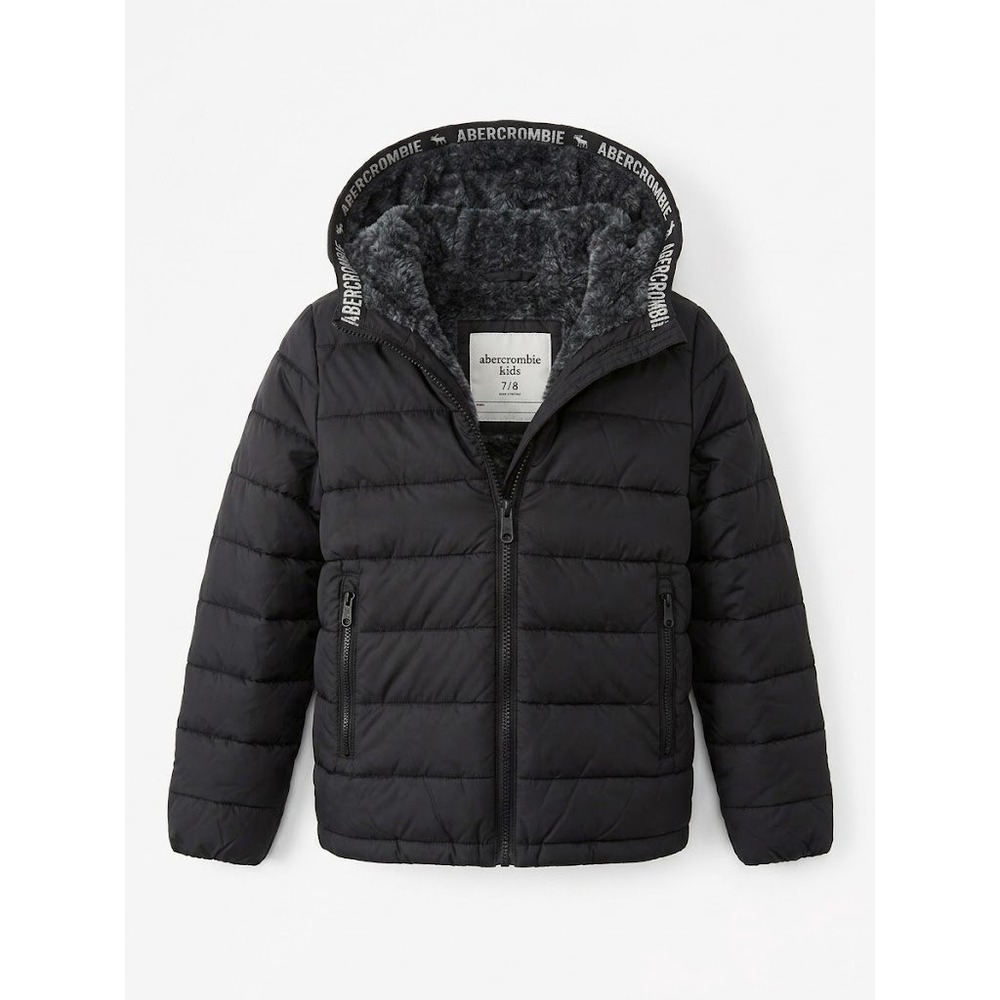Abercrombie Kids Puffer Jacket Unisex 7/8 Black Quilted Faux Fur Hood Gorpcore